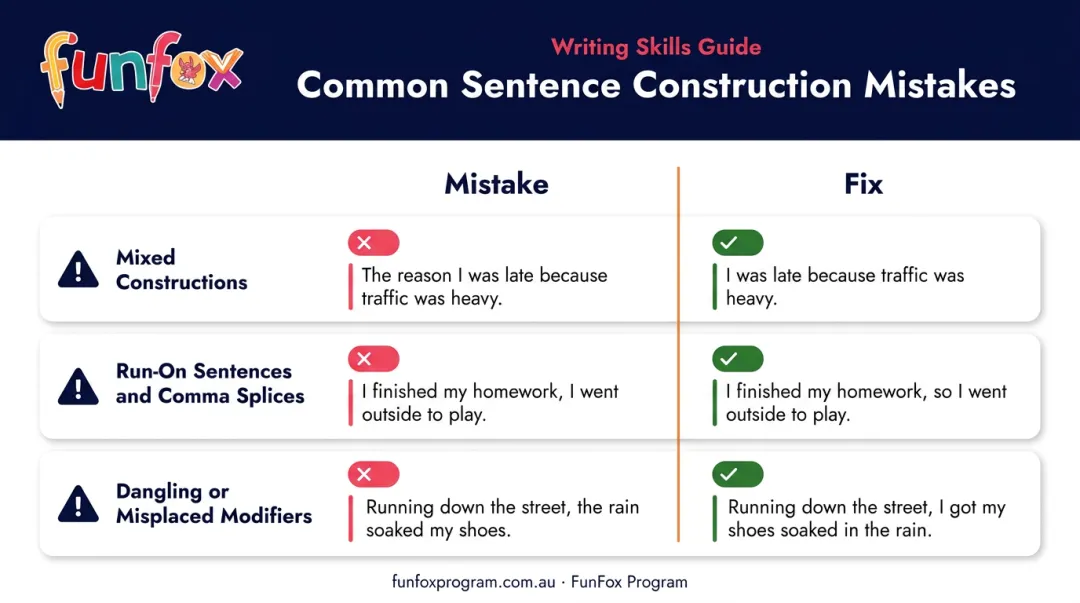 Three common sentence construction mistakes and fixes side-by-side comparison infographic