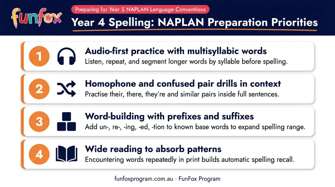Year 4 to Year 5 NAPLAN spelling preparation priority checklist infographic