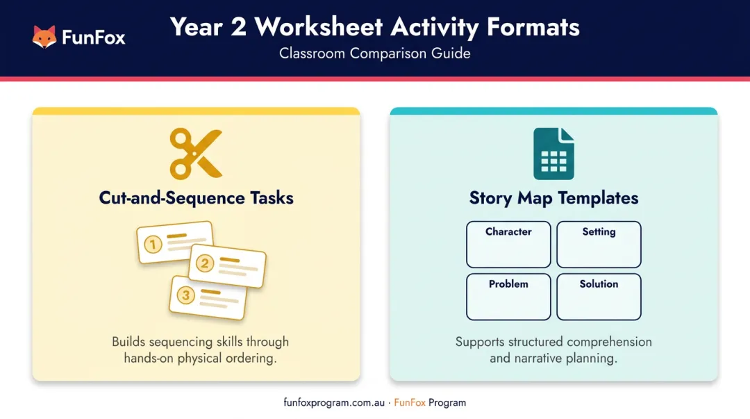 Year 2 sequencing and story map worksheet activity formats side-by-side comparison