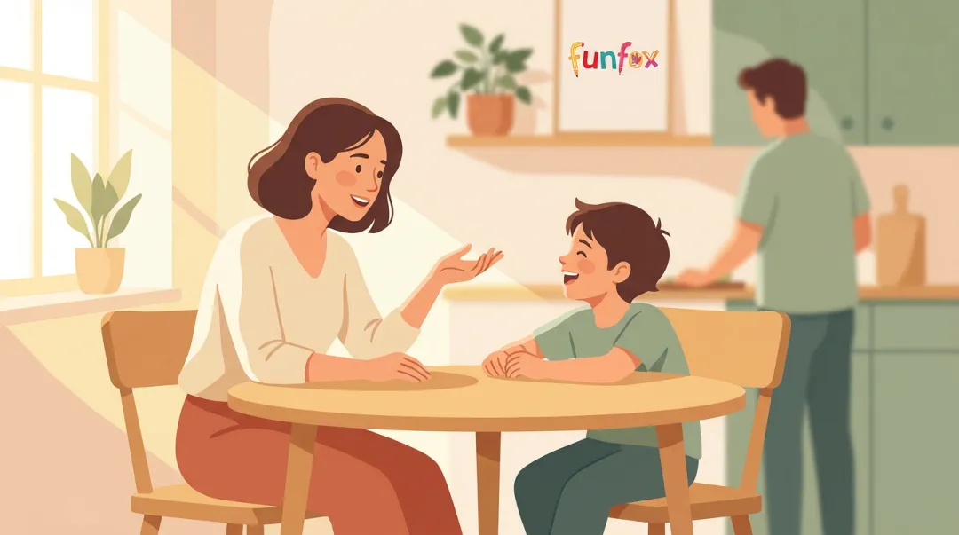 Parent and child storytelling together at dinner table in relaxed home setting