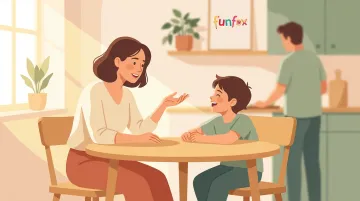 Parent and child storytelling together at dinner table in relaxed home setting