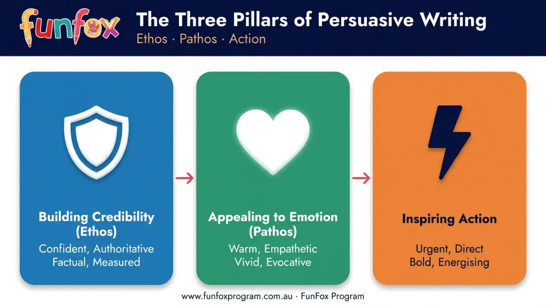 Three classical persuasion appeals ethos pathos and action framework diagram
