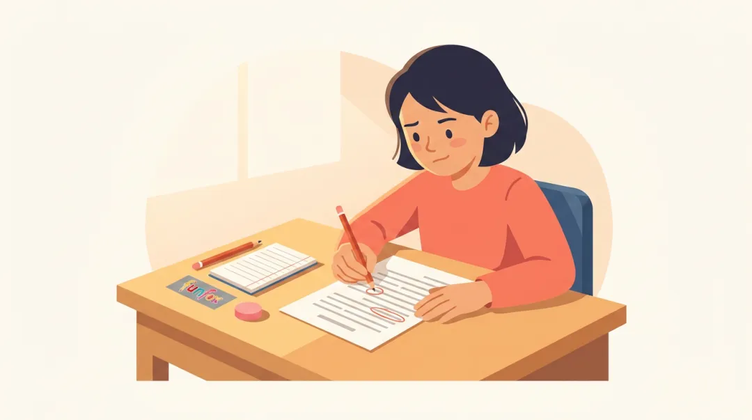 Student writer revising persuasive essay draft at desk reviewing tone and word choices