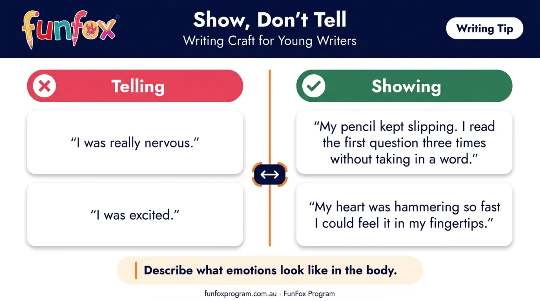 Showing versus telling writing comparison infographic for primary school narrative essays