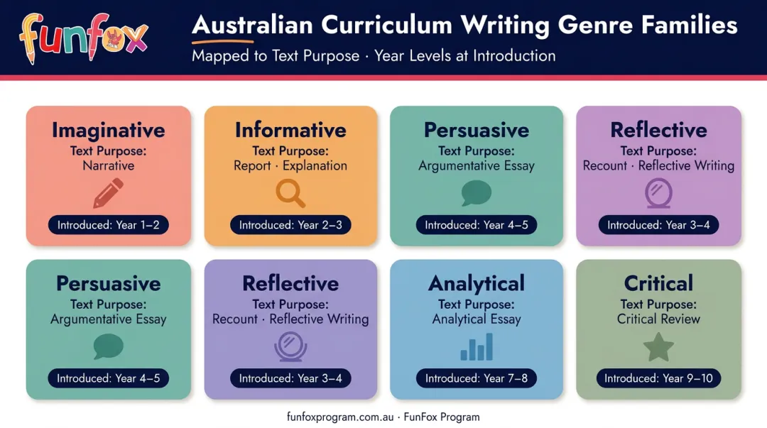 Six academic writing genres mapped to Australian Curriculum text purposes infographic