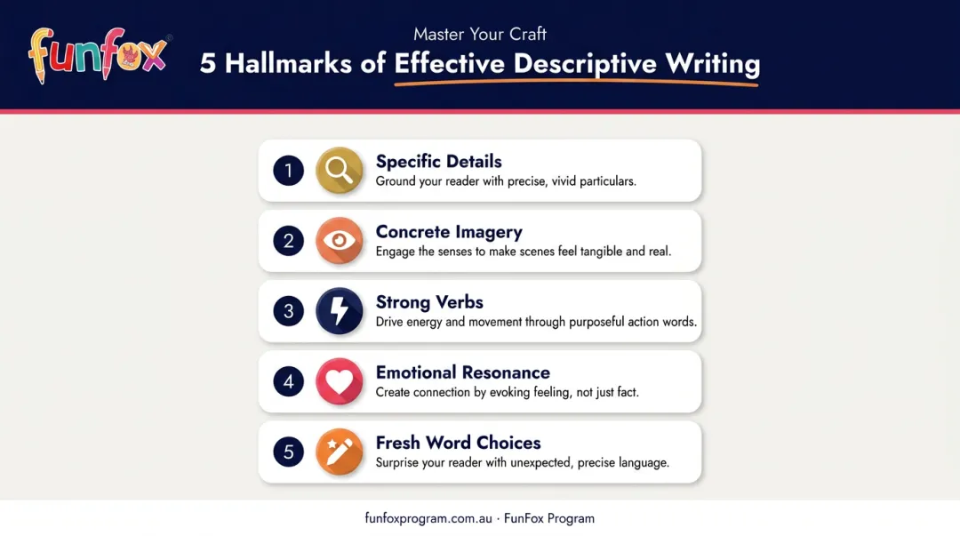 Five characteristics of strong descriptive writing visual breakdown infographic