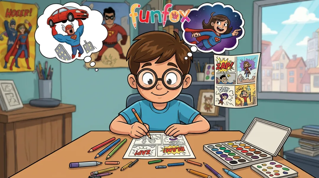 Child drawing comic strip panels with speech bubbles at desk