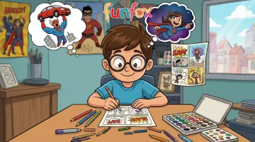 Child drawing comic strip panels with speech bubbles at desk