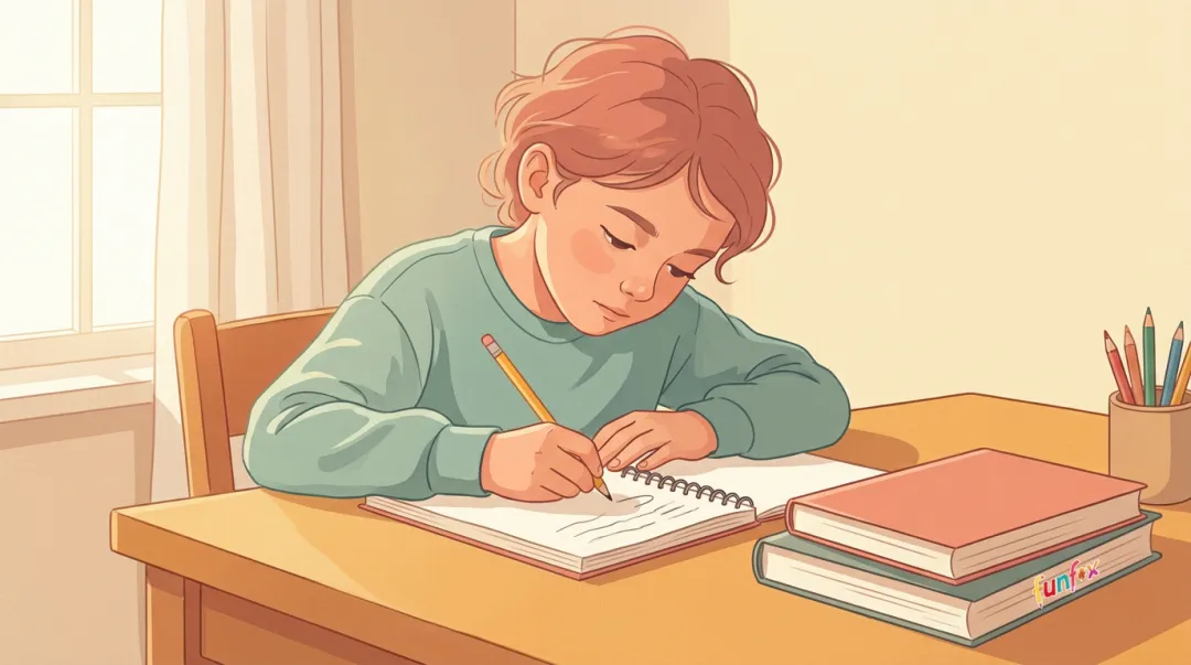 Young child writing in notebook at desk with thoughtful focused expression