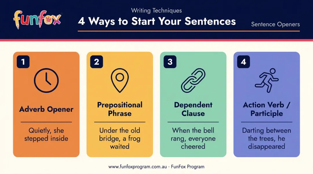 Four sentence opening variation techniques with examples for primary school writers