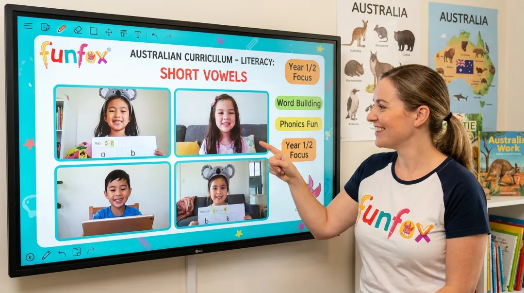 FunFox small-group online literacy session with teacher and Year 7 students
