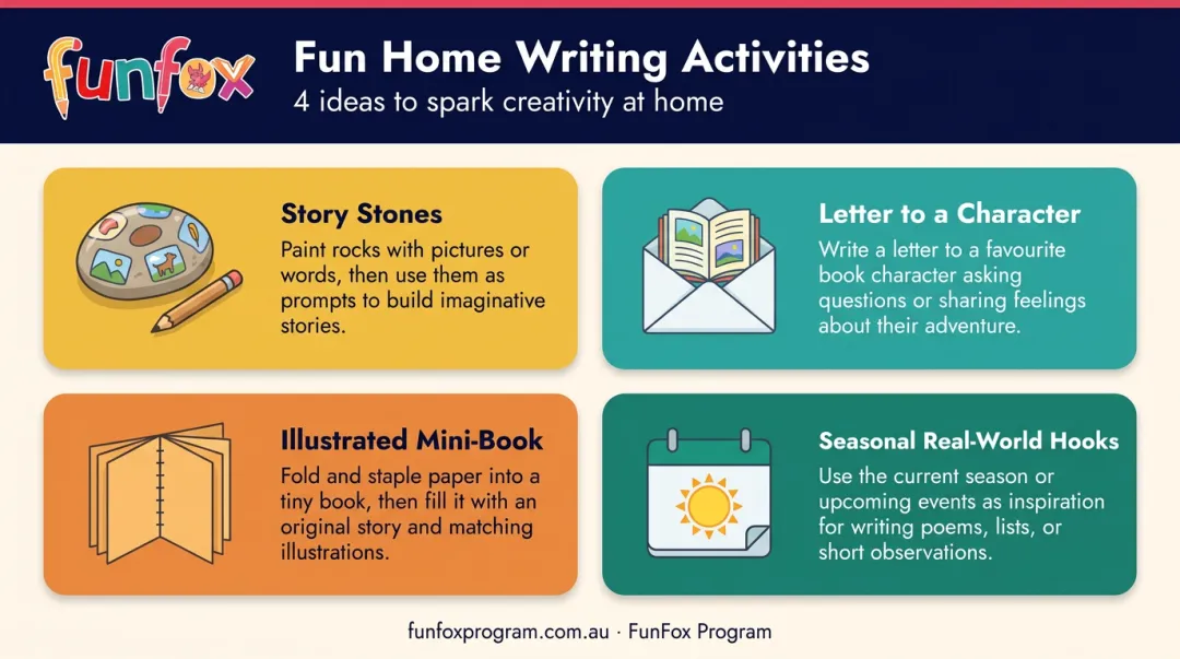 Four fun home writing activities for Year 2 children illustrated step-by-step guide