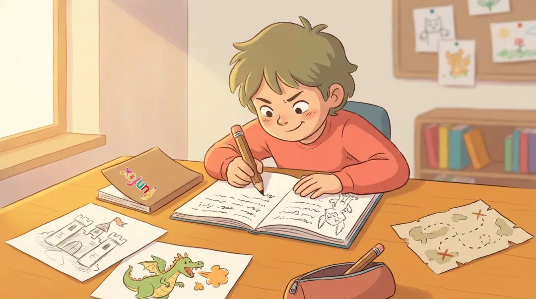 Young child writing imaginative fantasy story at desk with colourful drawings nearby