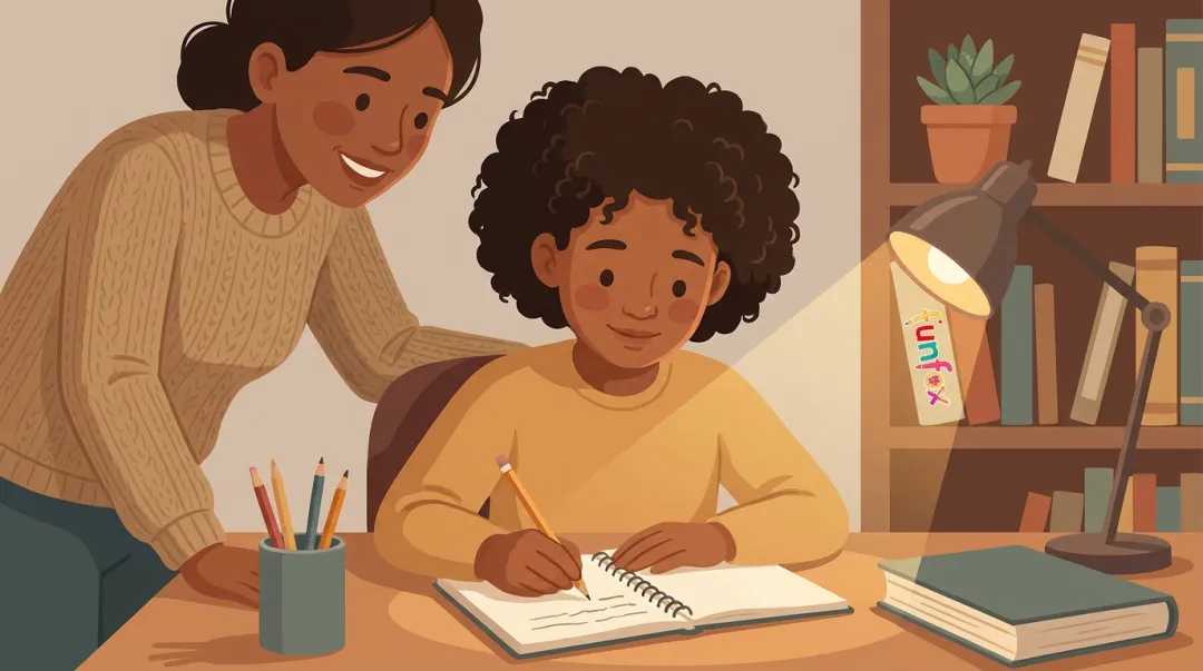 Child writing a persuasive letter at home with parent reading alongside attentively