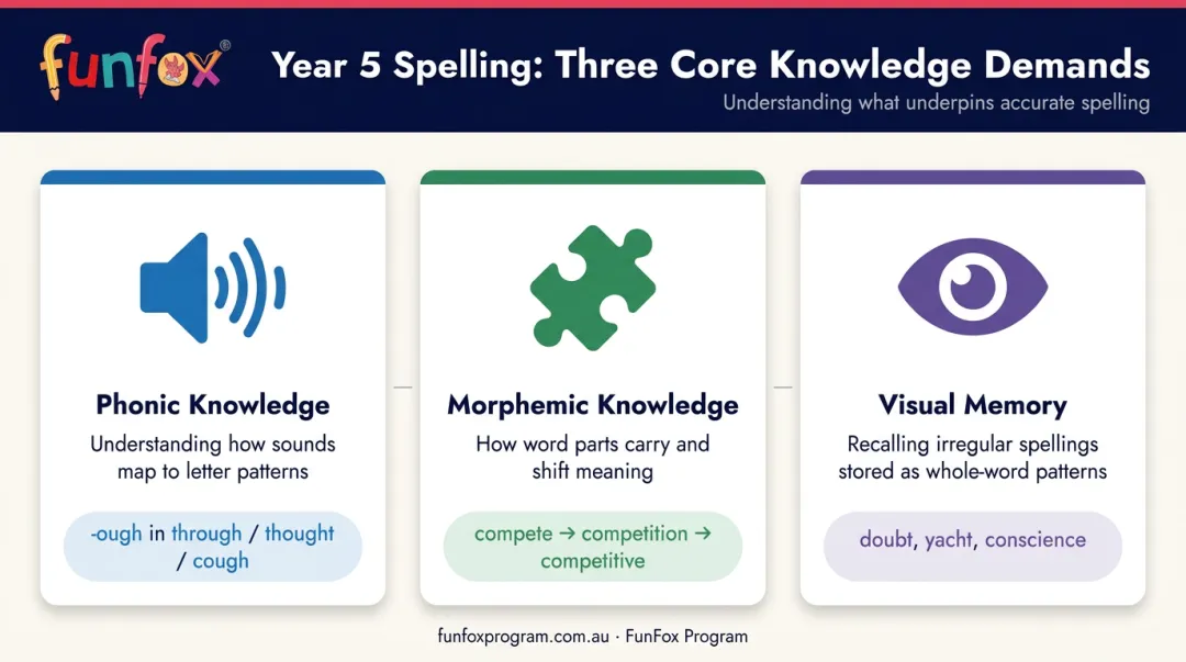 Three core Year 5 spelling knowledge demands phonic morphemic and visual memory
