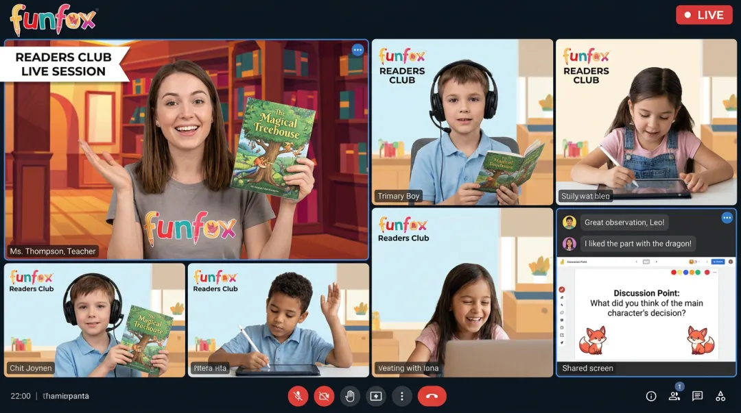 FunFox Readers Club small group live online session with teacher and students