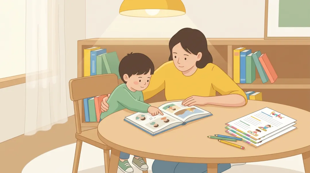 Parent and child reading together at home table with books and worksheets