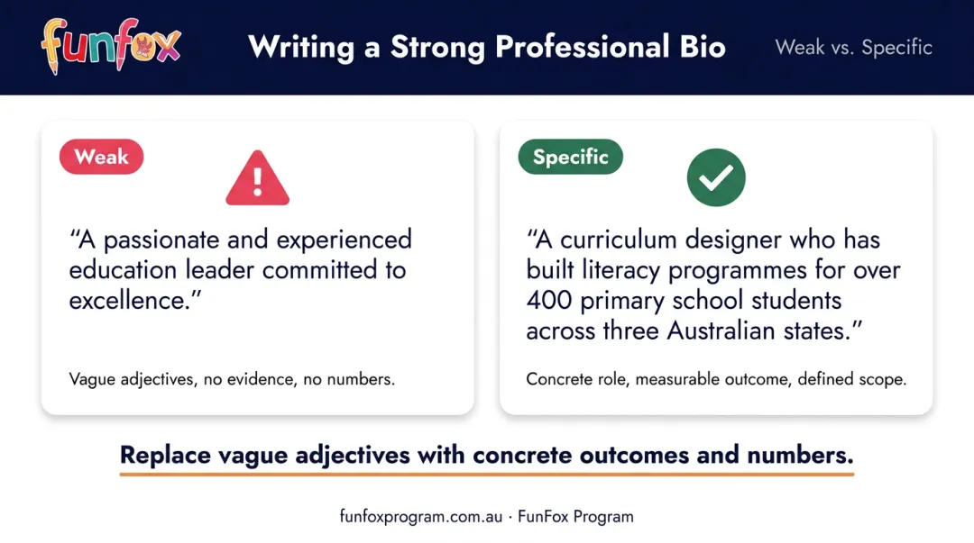 Weak vague bio language versus specific credible bio language side-by-side comparison
