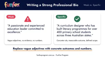 Weak vague bio language versus specific credible bio language side-by-side comparison