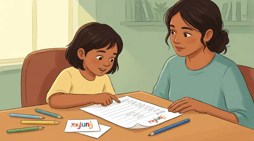 Child and parent reviewing handwritten grammar activity together at home desk