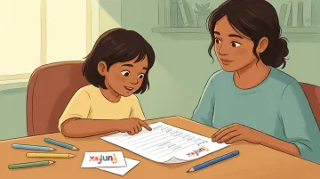 Child and parent reviewing handwritten grammar activity together at home desk