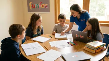 Small group writing coaching session with teacher and elementary students