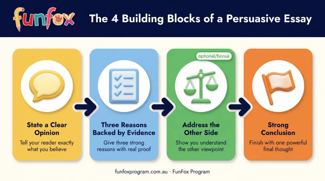 4-part persuasive writing structure infographic from opinion to conclusion