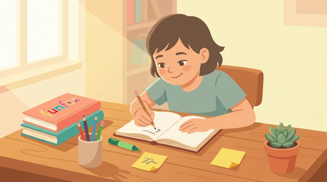 Child writing in journal at desk surrounded by books and colorful stationery