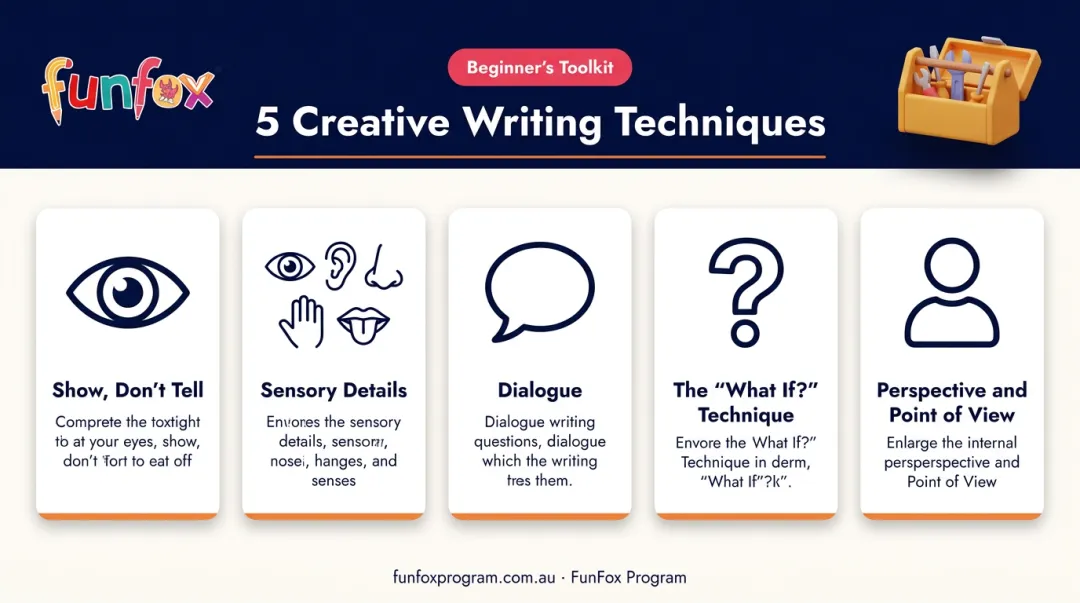 Five core creative writing techniques toolkit infographic for beginner writers