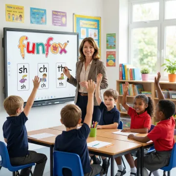 Teacher conducting interactive phonics lesson with small group of UK primary students