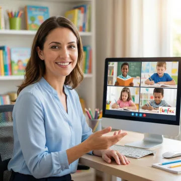 Teacher guiding Stage 1 students through literacy activities online