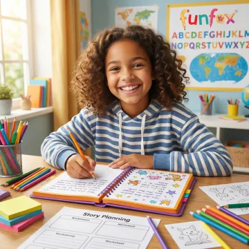 Child writing creatively in colorful notebook with pencils