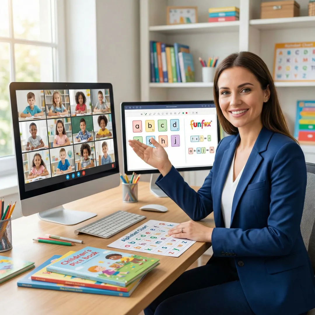 Teacher providing online reading instruction to small group of students