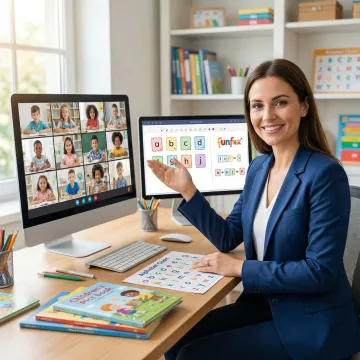 Teacher providing online reading instruction to small group of students