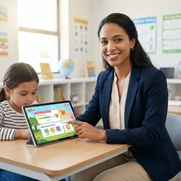 Reading specialist working with student on tablet showing interactive literacy activities