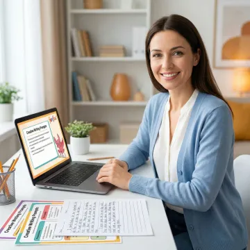 Teacher providing personalized creative writing feedback to young student online