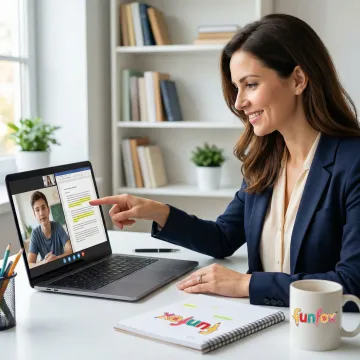 Tutor providing structured feedback to a Year 8 student during an online English lesson