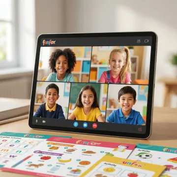 Children in a small online English tutoring group lesson with a qualified teacher