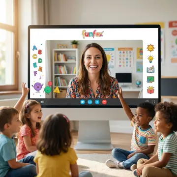 A qualified online tutor guiding a small group of primary school children during a live Zoom class