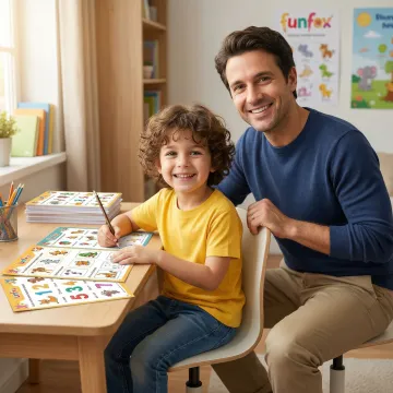 A young child happily completing a creative learning worksheet with a parent nearby
