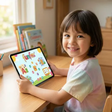 A child happily completing an interactive digital worksheet during an online literacy tutoring session
