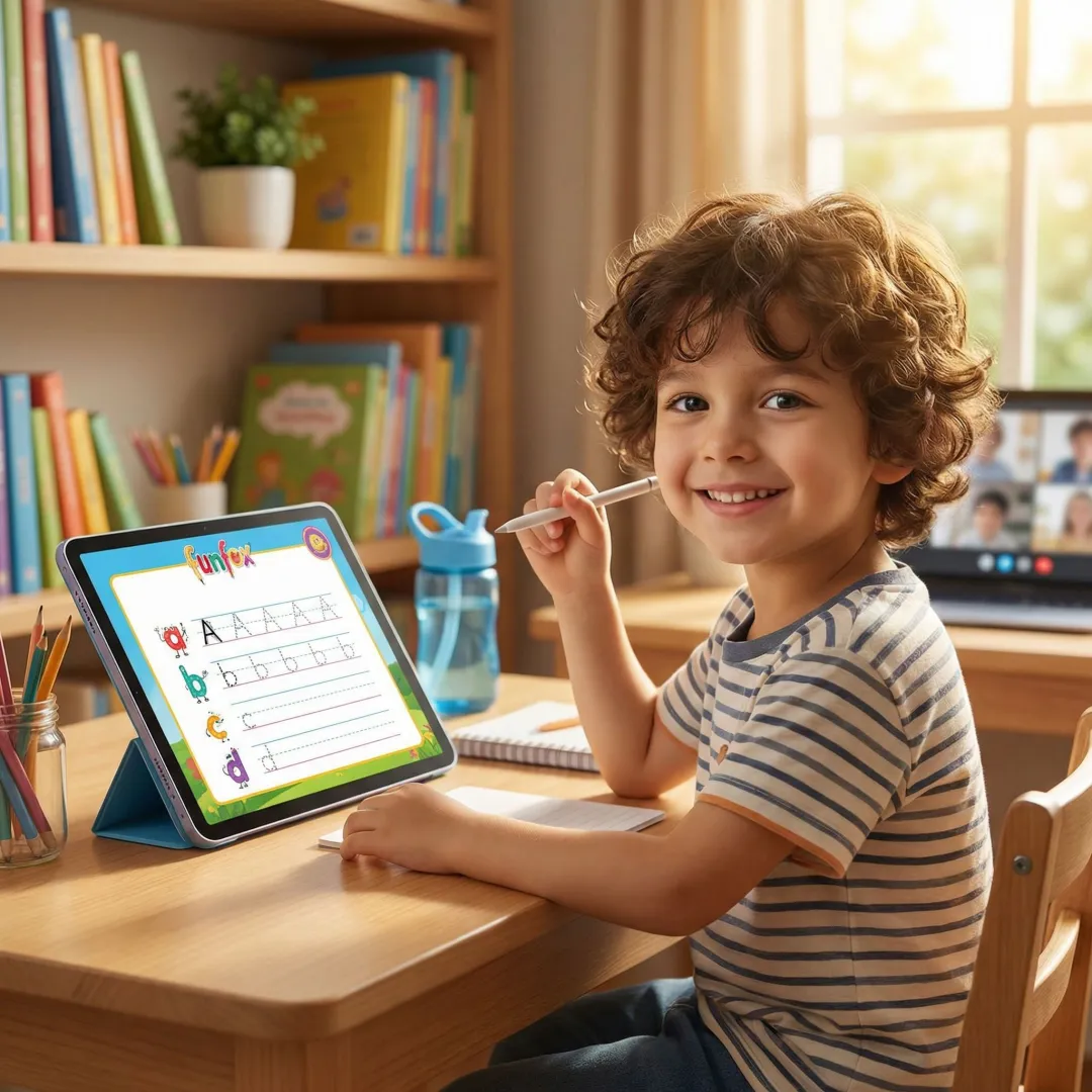 Child completing a creative writing worksheet on a tablet before an online class