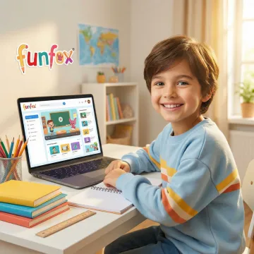 Child happily participating in an online class on a laptop at home