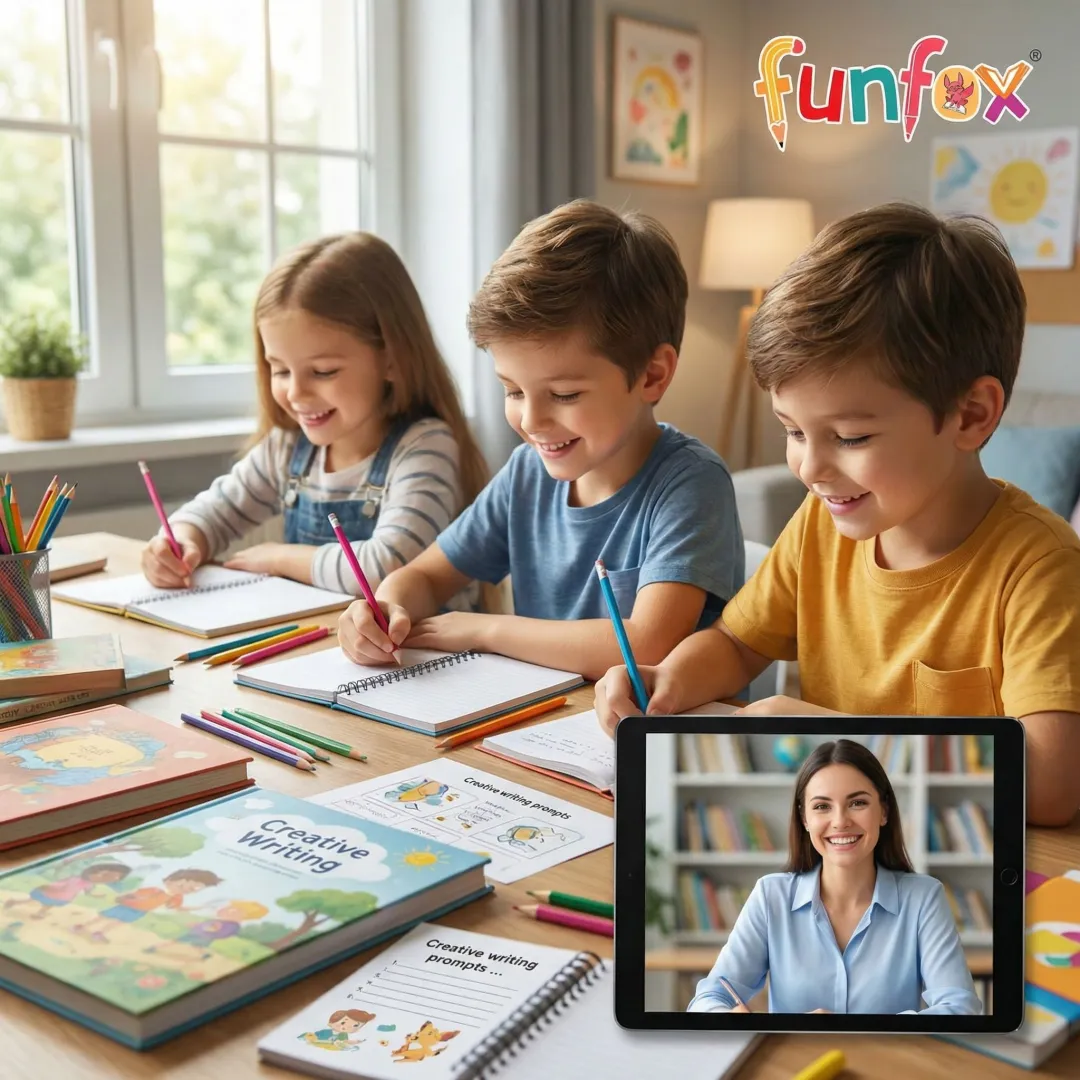 Qualified FunFox instructor teaching a small group of children creative writing online