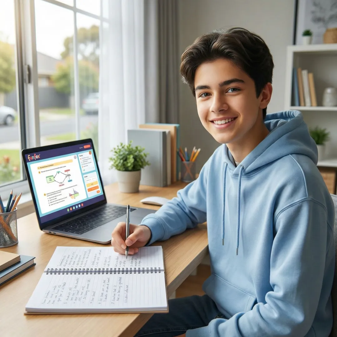 Year 9 Melbourne student working through tutoring exercises online with a qualified teacher