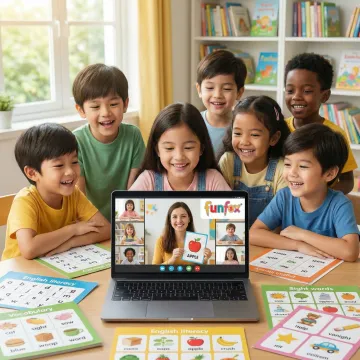 Small group of primary school children engaged in an interactive online English lesson