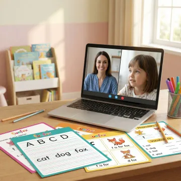 Qualified tutor guiding a primary school student through OC reading and writing exercises online