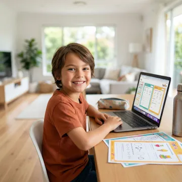 Child completing an online English tutoring worksheet on a laptop at home