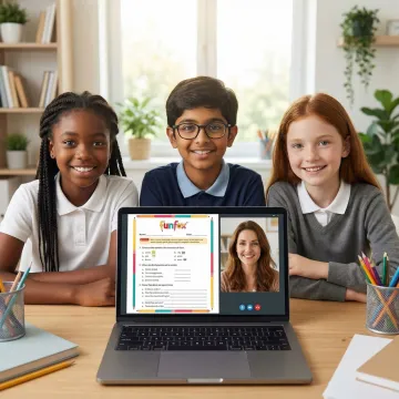 Year 6 students collaborating in a small online English tutoring class with a qualified teacher