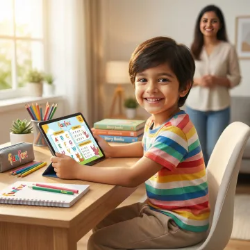 A child happily completing early learning worksheets on a tablet at home with a parent nearby
